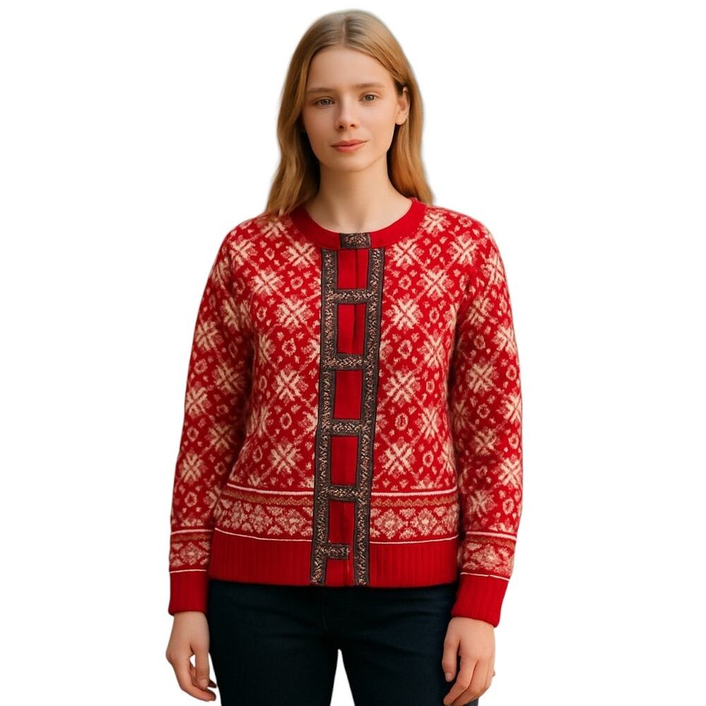 Casual Corner Red White Black Fair Isle Nordic Lined Vintage Lambswool Sweater L